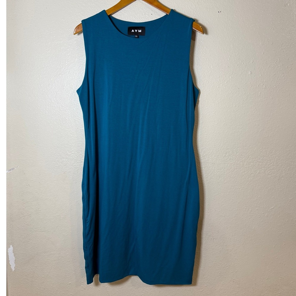 AYM Women Shift Dress 3XL Teal Blue Sleeveless Bamboo Cotton Sustainable Minimal - Picture 2 of 11